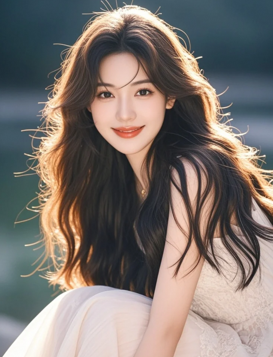 阳光倾泻而下，长发女孩的笑容显得格外明媚动人