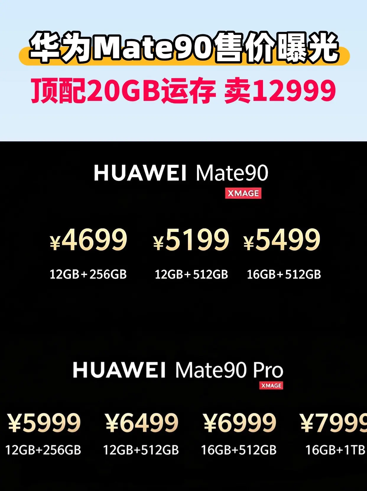 华为Mate90售价曝光！顶配20GB运存，卖12999