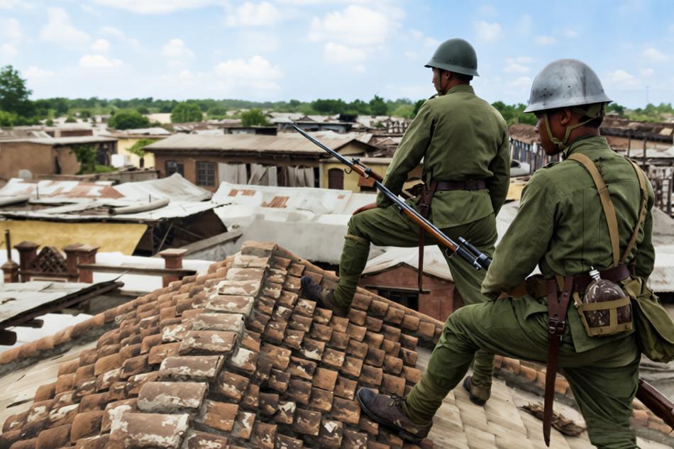 1937年7月，卢沟桥事变爆发后不久的战场一角，两名日军士兵爬上宛平城附近民房屋