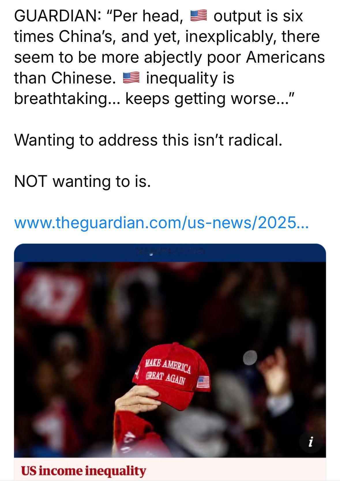 卫报把话挑明：“中国让数百万人脱贫，美国却选择无动于衷。”标题够狠，数据更扎心—