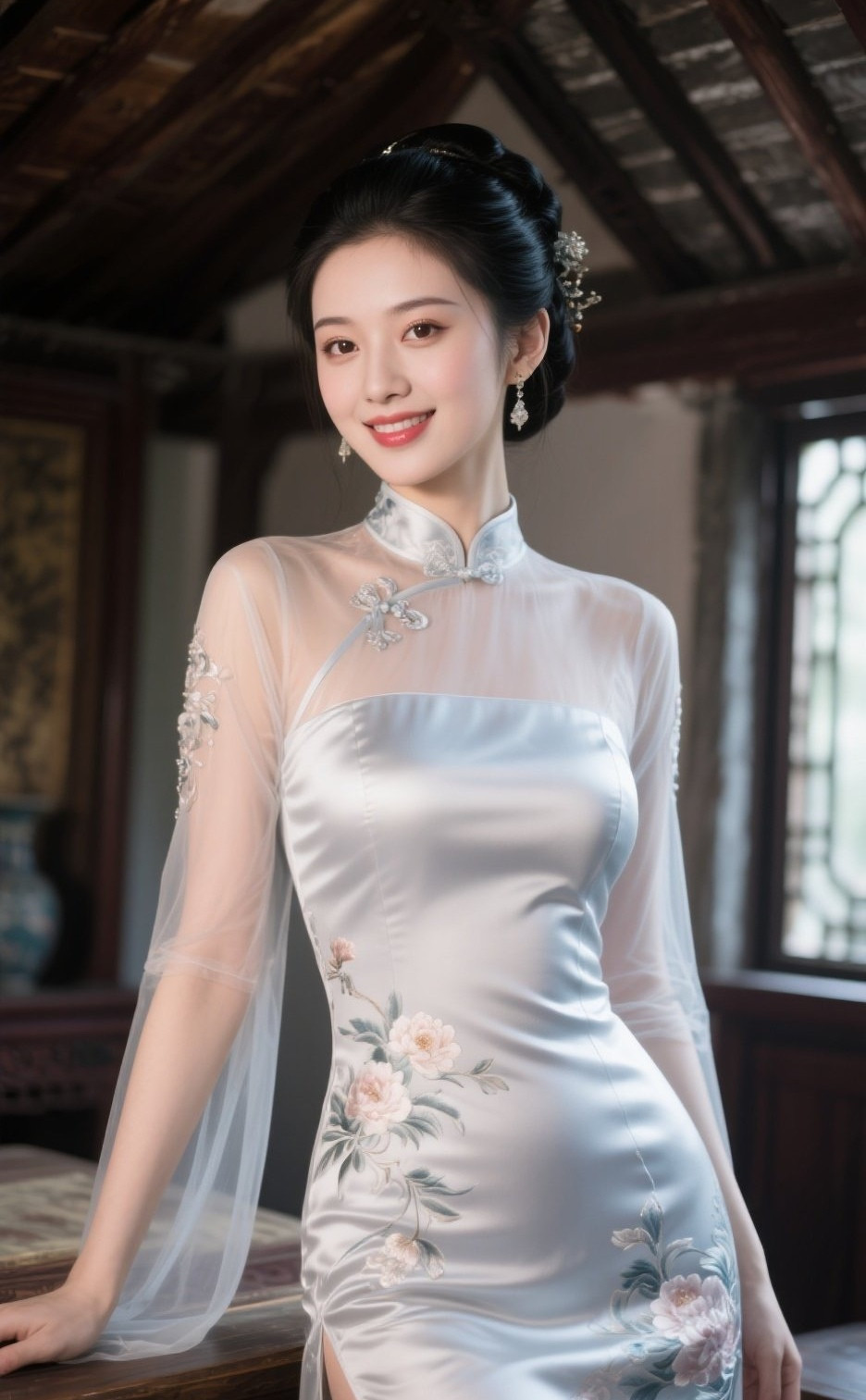 温婉少妇旗袍雅执扇低眉似画中