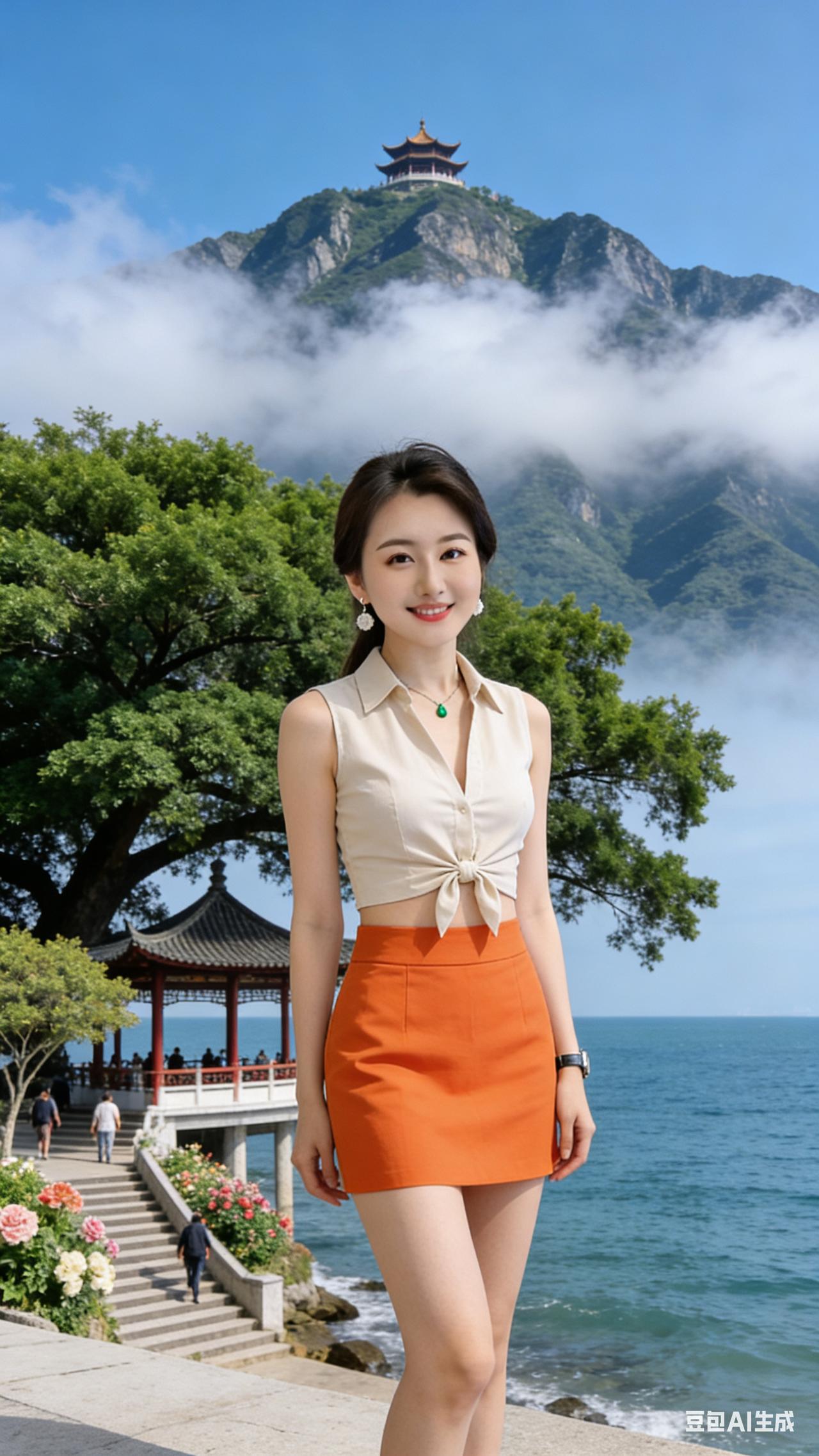 绝色女子身姿曼妙，肌肤白皙，浅笑凝眸望镜头。紧身米色打结无袖短衫、橙色短裙，配绿