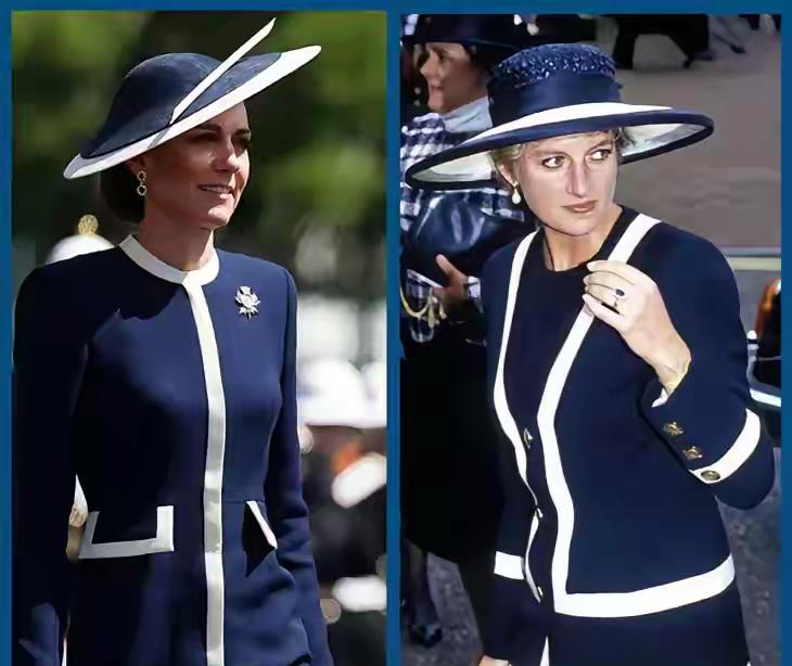 黛安娜王妃和儿媳凯瑟琳王储妃的同款色系衣服出去同一场活动，只是年代不同。两位王室