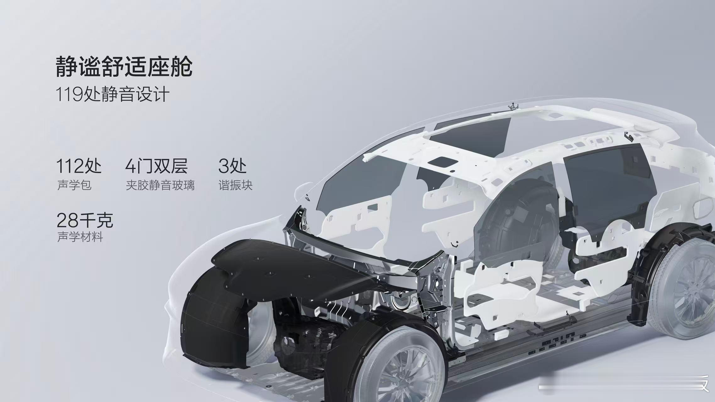 双层夹胶静音玻璃等119处静音设计28千克声学材料覆盖车内的欢笑和小憩，怎能被车