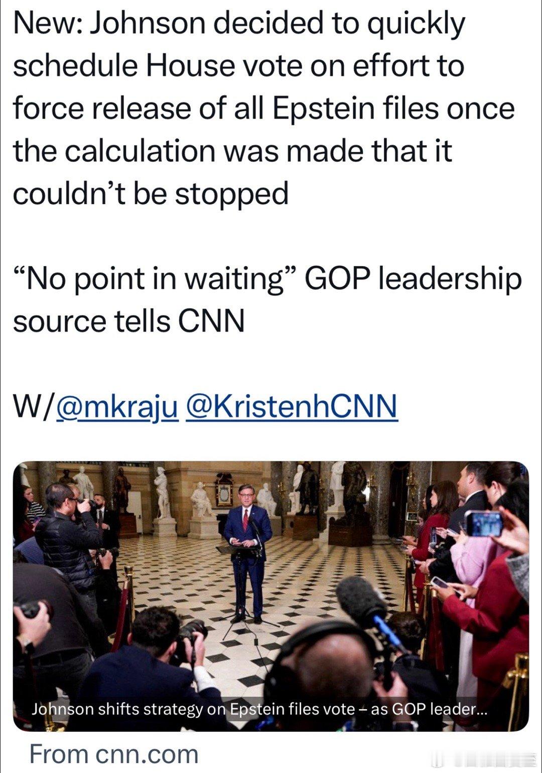 众议长决定：迅速进行“公布Epstein档案”投票，因为阻挠已经失败、再拖没有意
