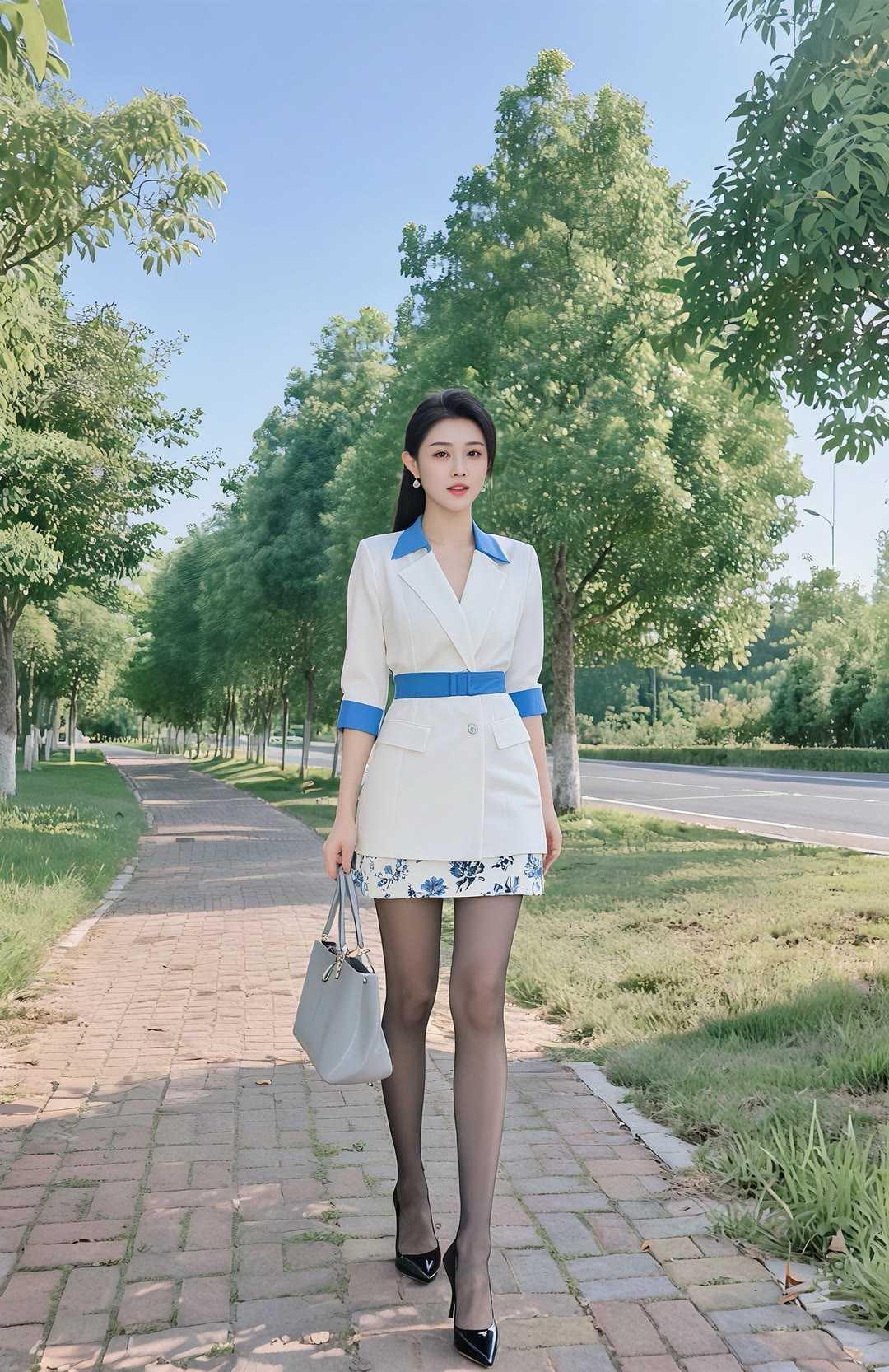 以白为底，蓝调点缀，轻松拿捏职场高级感。挺括西装搭配印花半裙，中和了正式感，添了