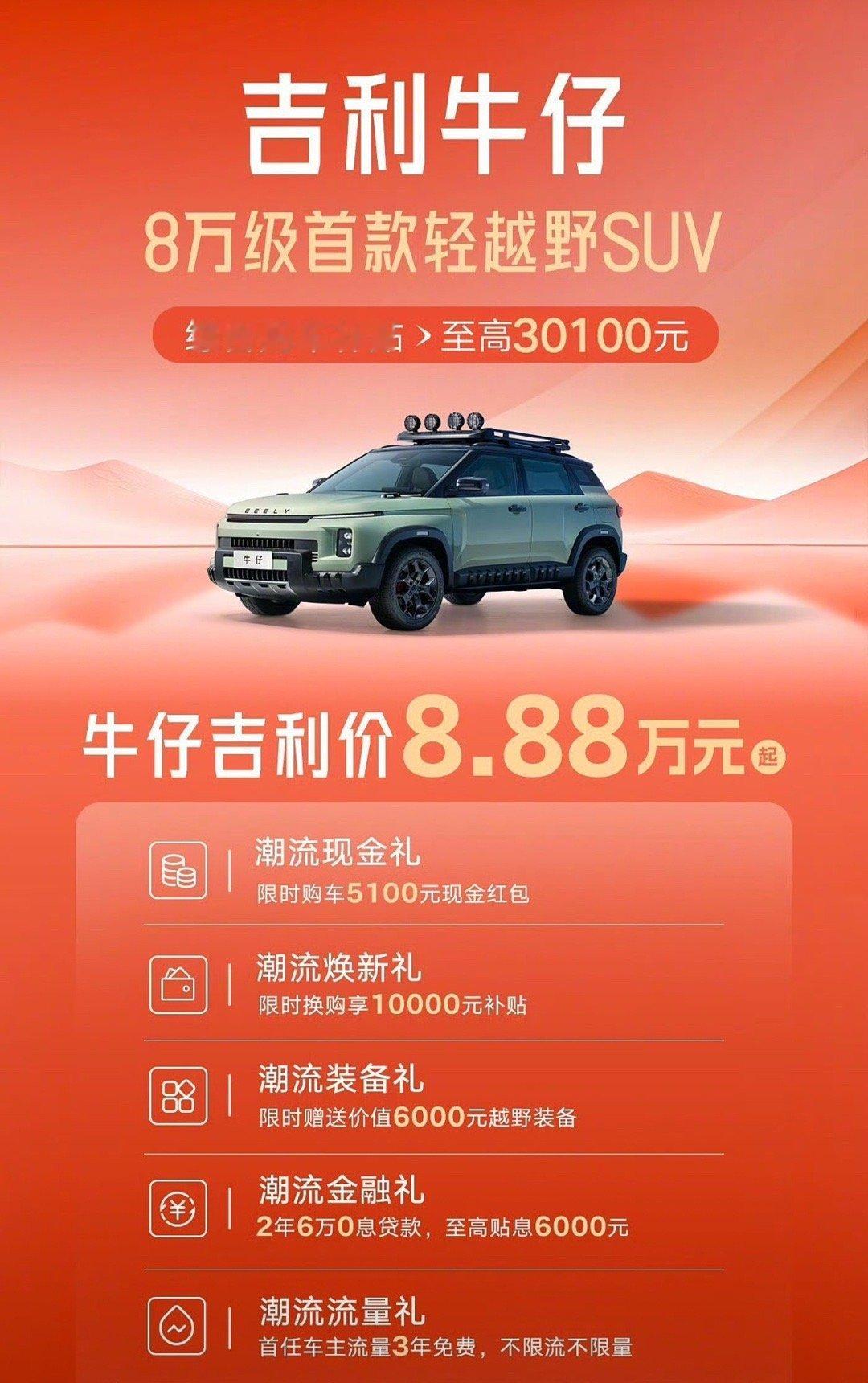 【吉利推出牛仔购车权益赠送户外装备等限时8.88万元起售】日前，吉利推出牛仔