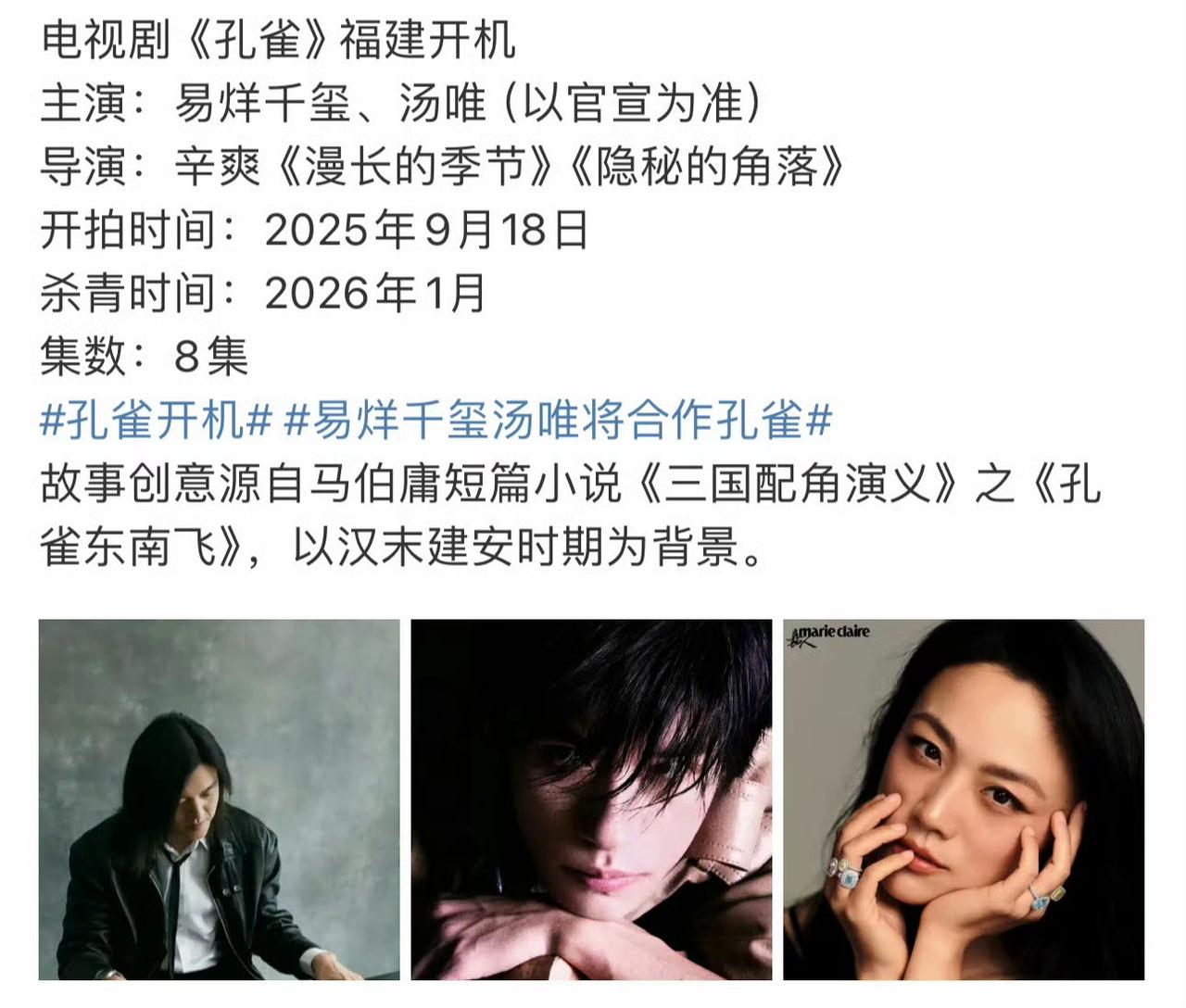 爆！易烊千玺汤唯或将携手《孔雀》，豪华阵容引全网尖叫家人们，影视圈又炸了！