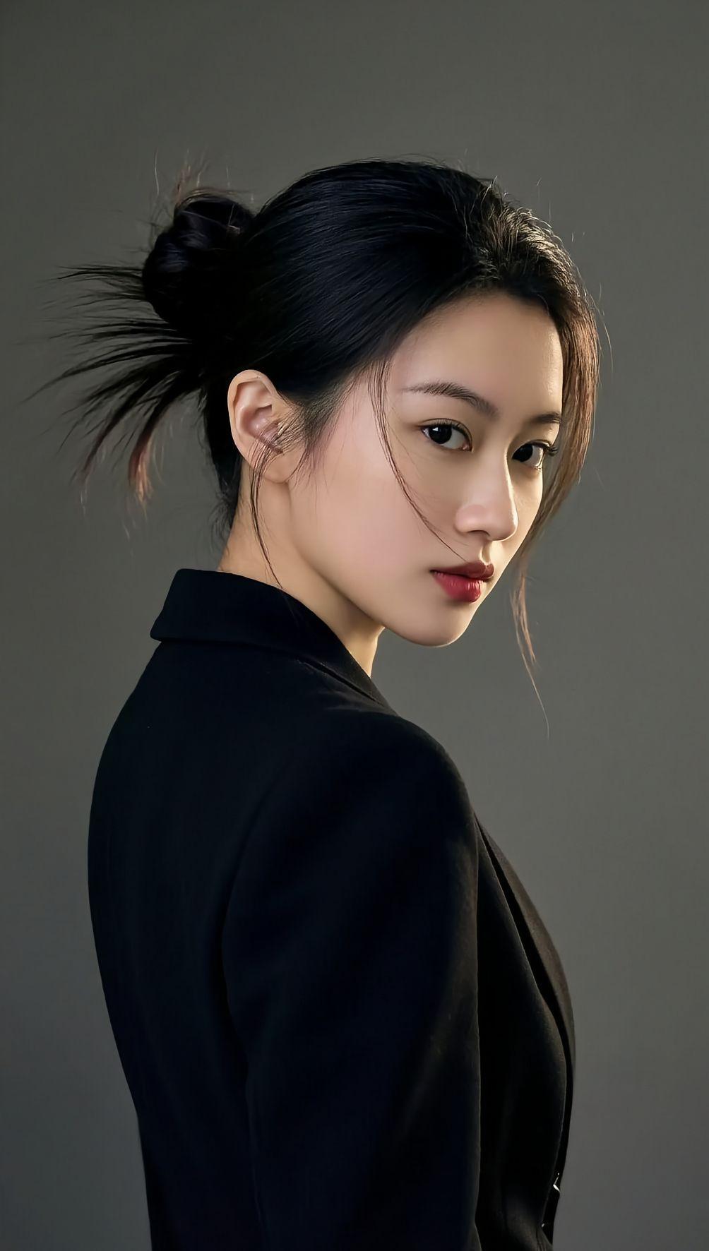 黑发如墨，红唇似火。