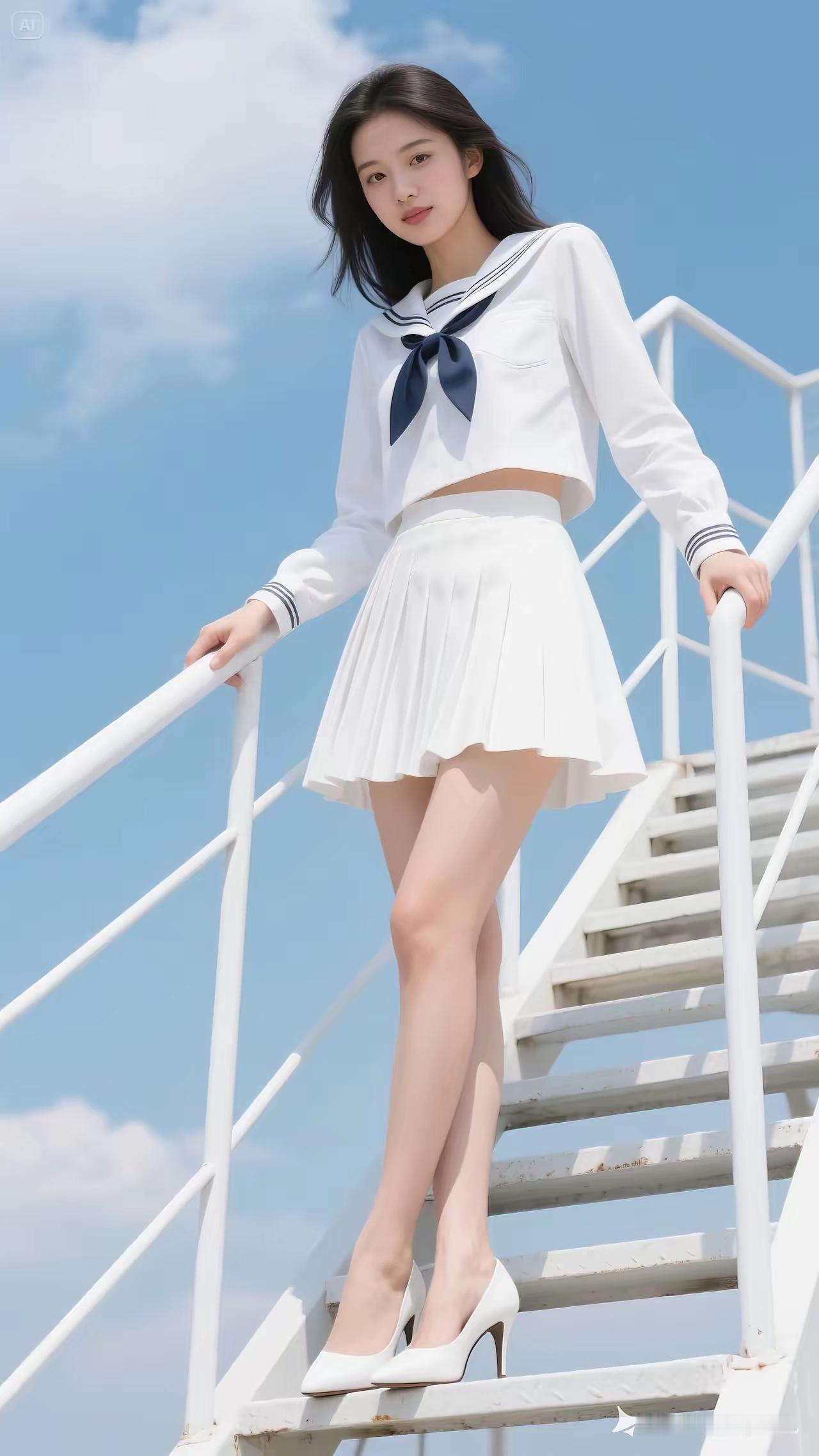 蓝衣少女倚栏杆，云海之上梦悠然。