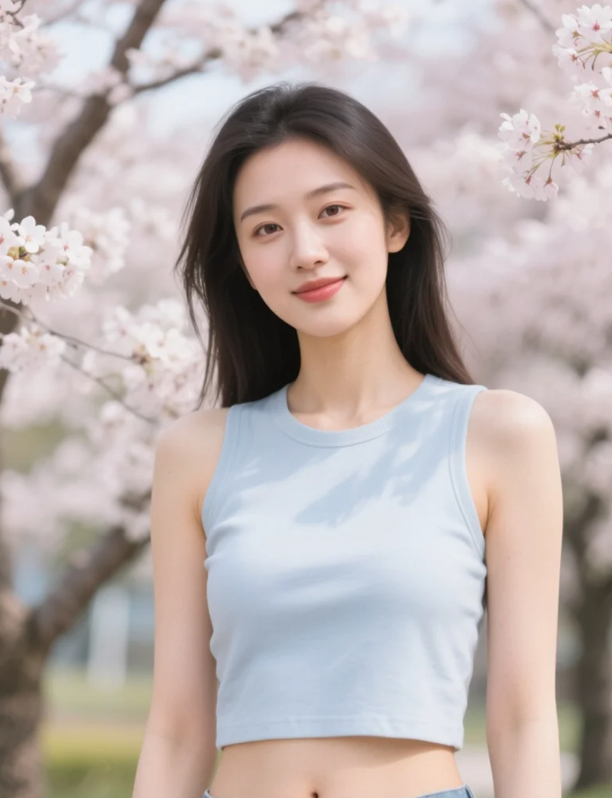 樱花树下的亚洲美女，甜美可爱的春日气息
