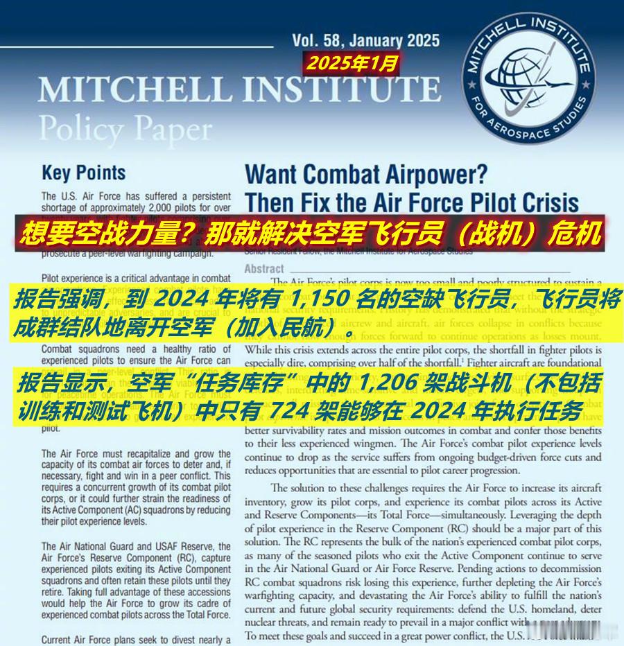 美空军智库米切尔研究所刚发了一份40页的飞行员、战机短缺的分析报告。报告第六页写