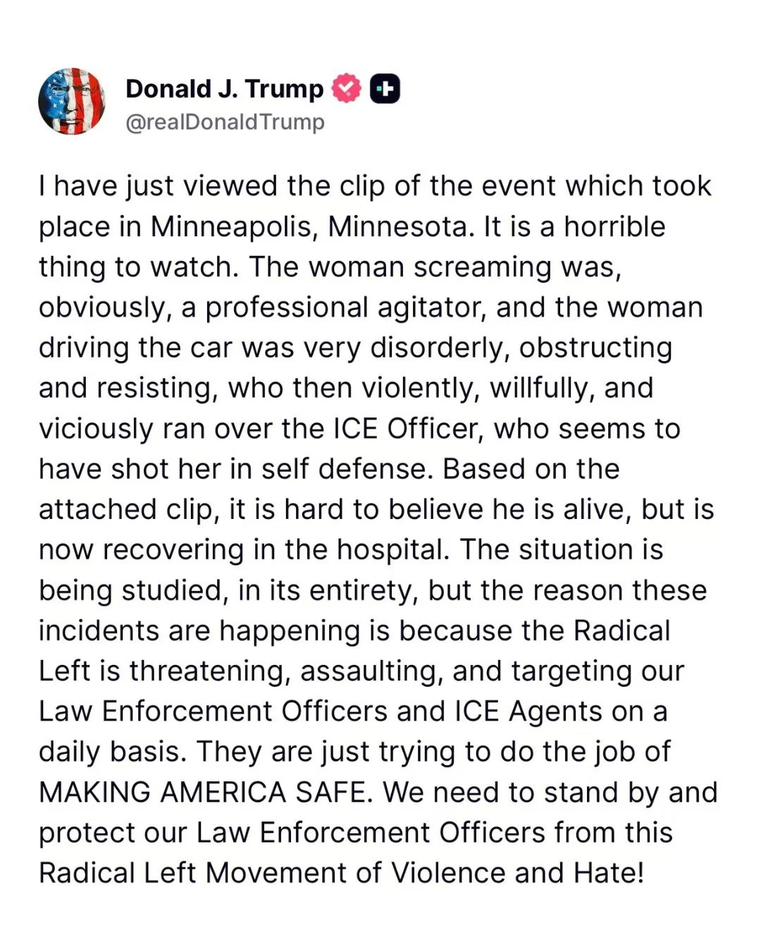 特朗普把ICE特工枪杀女司机雷妮·古德归咎于旁边尖叫的女人，说她“显然是一个专业