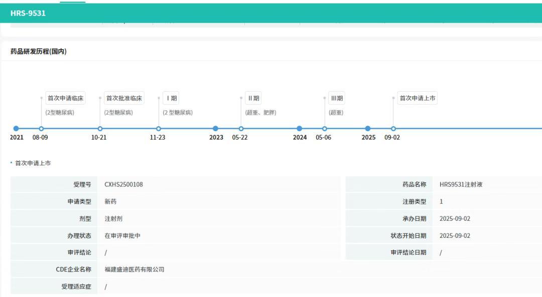 恒瑞医药: 公司GLP-1/GIP双靶点激动剂HRS9531上市申请获受理