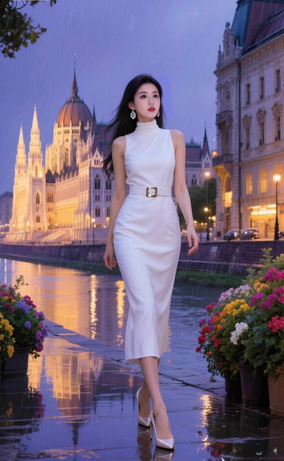雨中漫步，优雅白裙，太美了温柔气质小白裙气质白裙穿搭