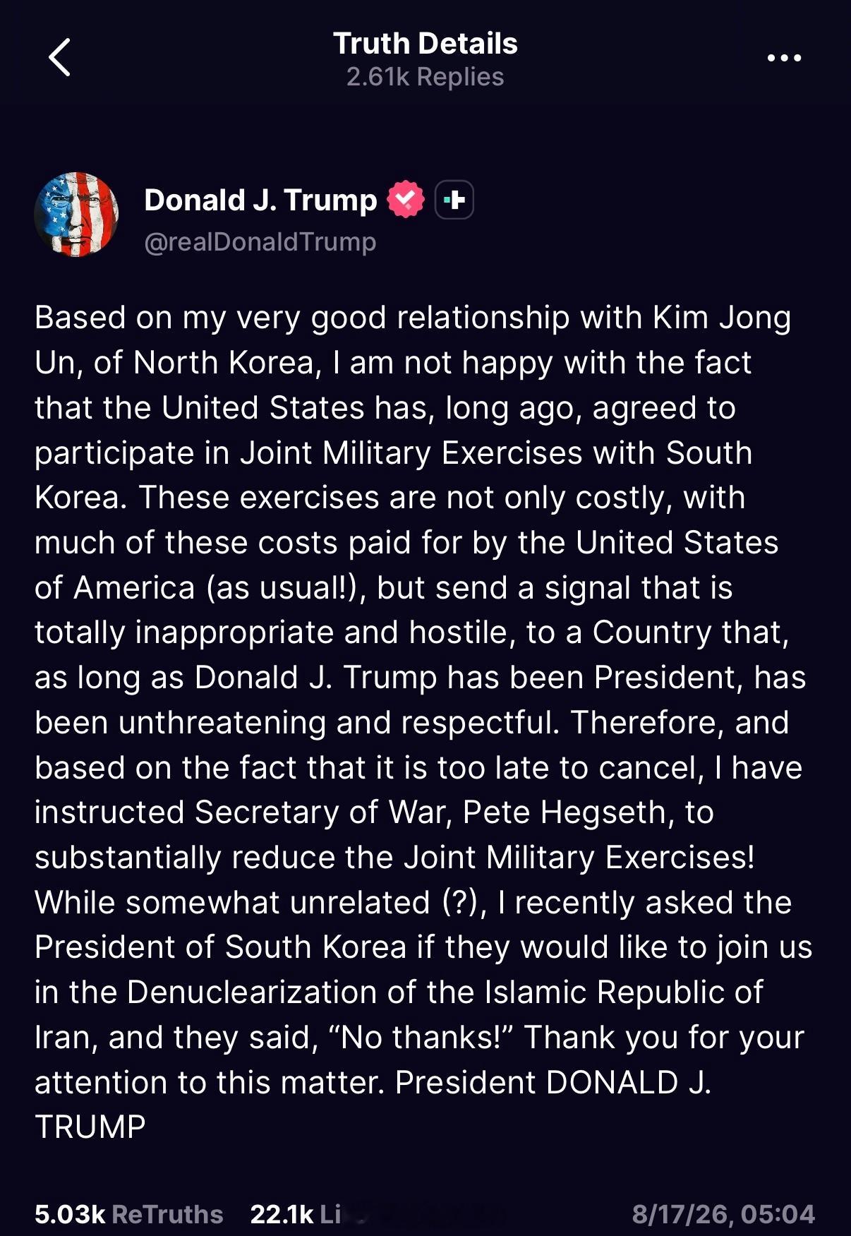 特朗普开始拉拢金正恩同志鉴于我与朝鲜领导人金正恩的良好关系，我对美国早前同意与韩
