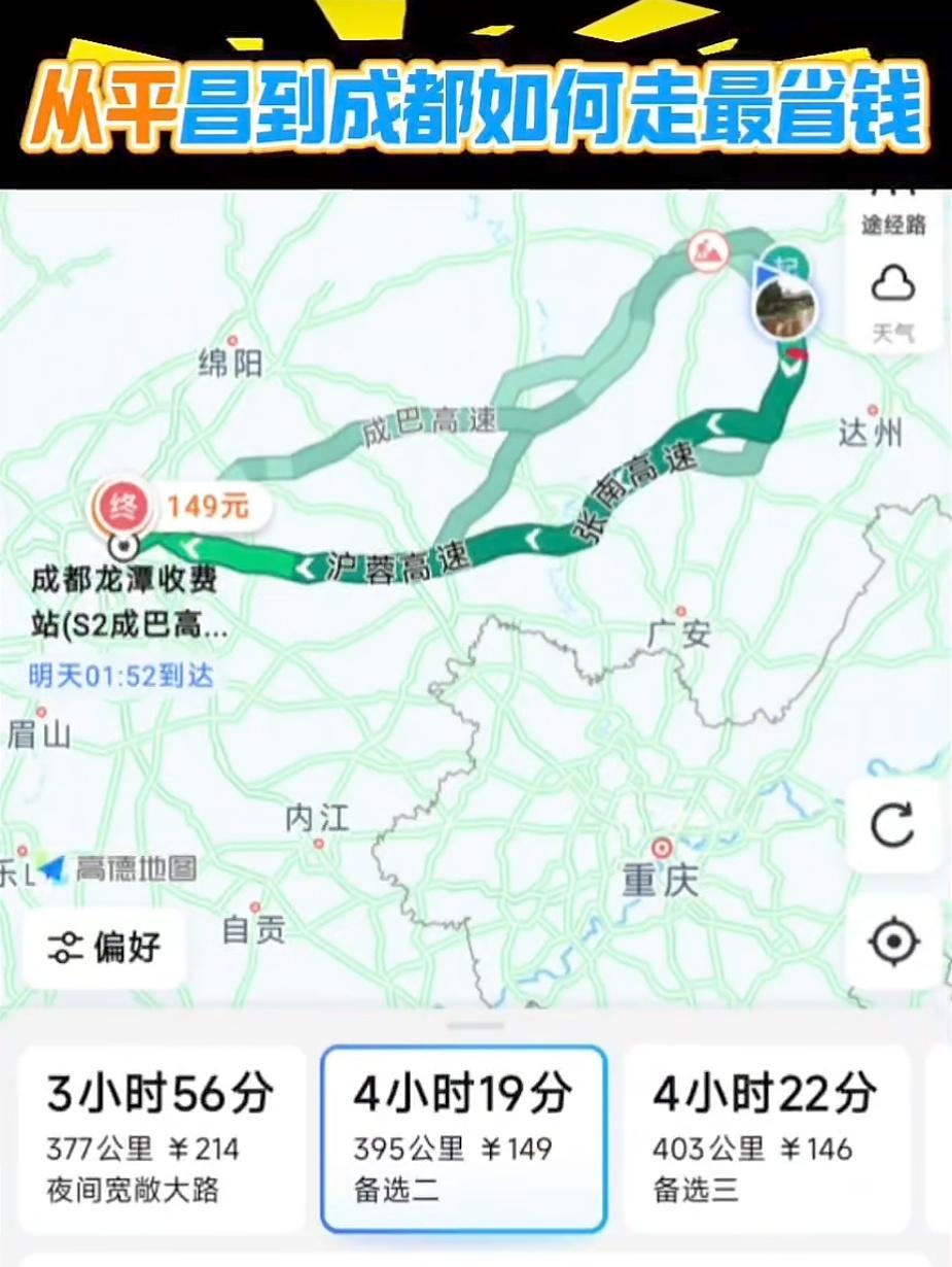 目前平昌到成都可以走镇广高速大约只需要149元过路费，时间上和走成巴高速差不多，