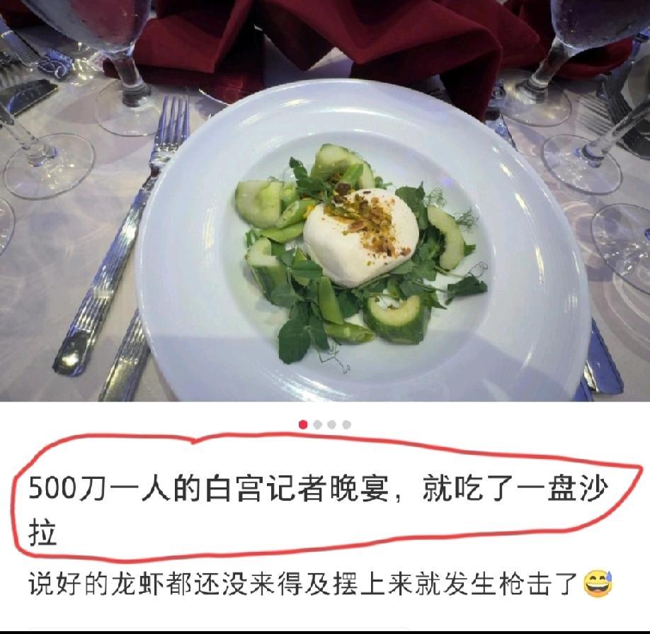 驻美记者发了一个吐槽的帖子:500美刀一人的白宫记者晚宴，就吃了一盘沙拉……她