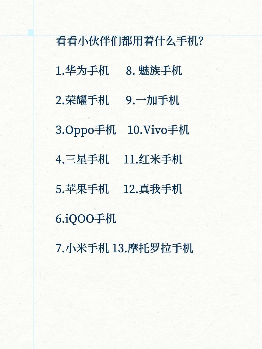 看看小伙伴们都用着什么手机？1.华为手机8.魅族手机2.荣耀手