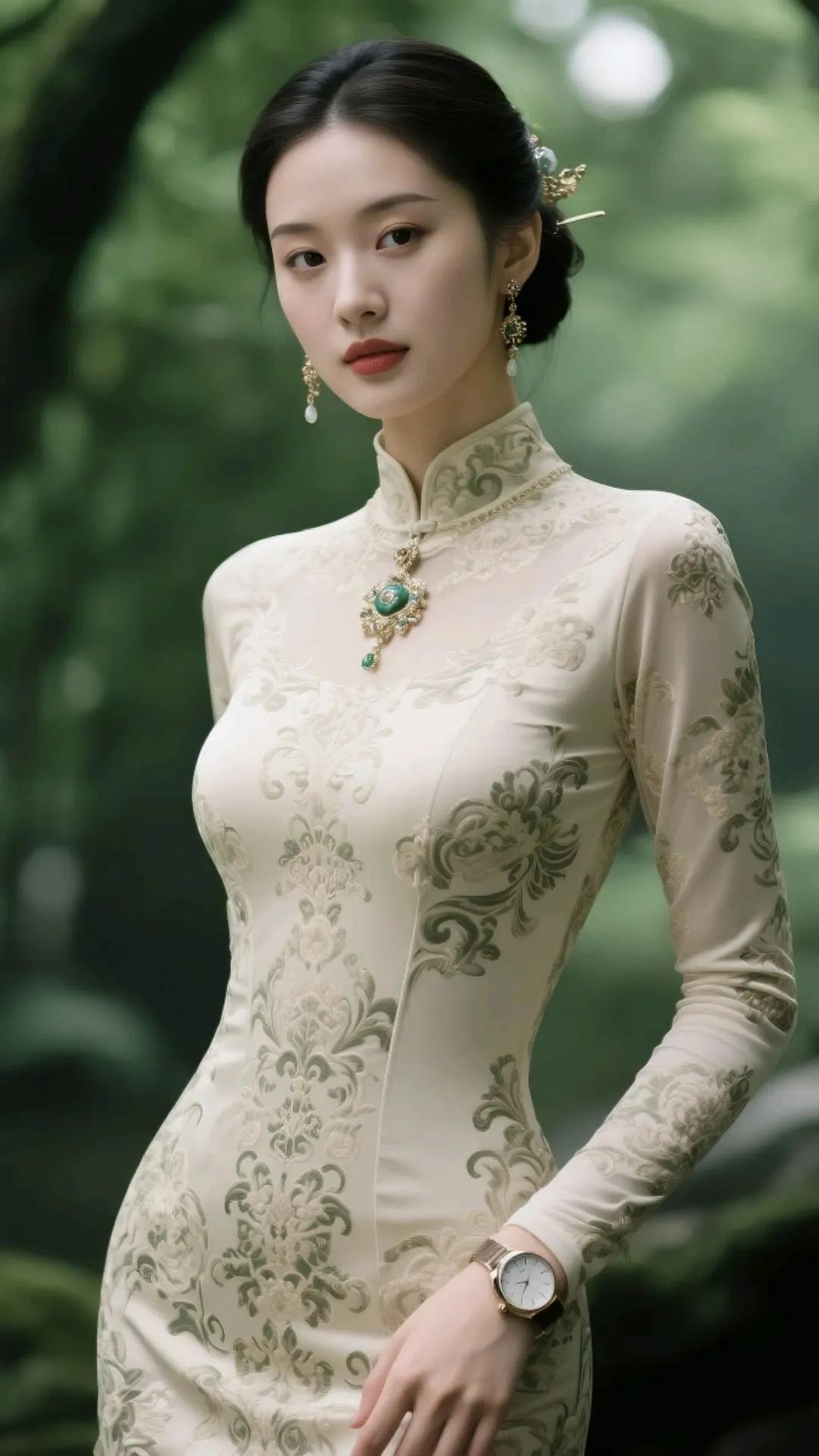 优雅旗袍，绿意盎然，尽显东方韵味