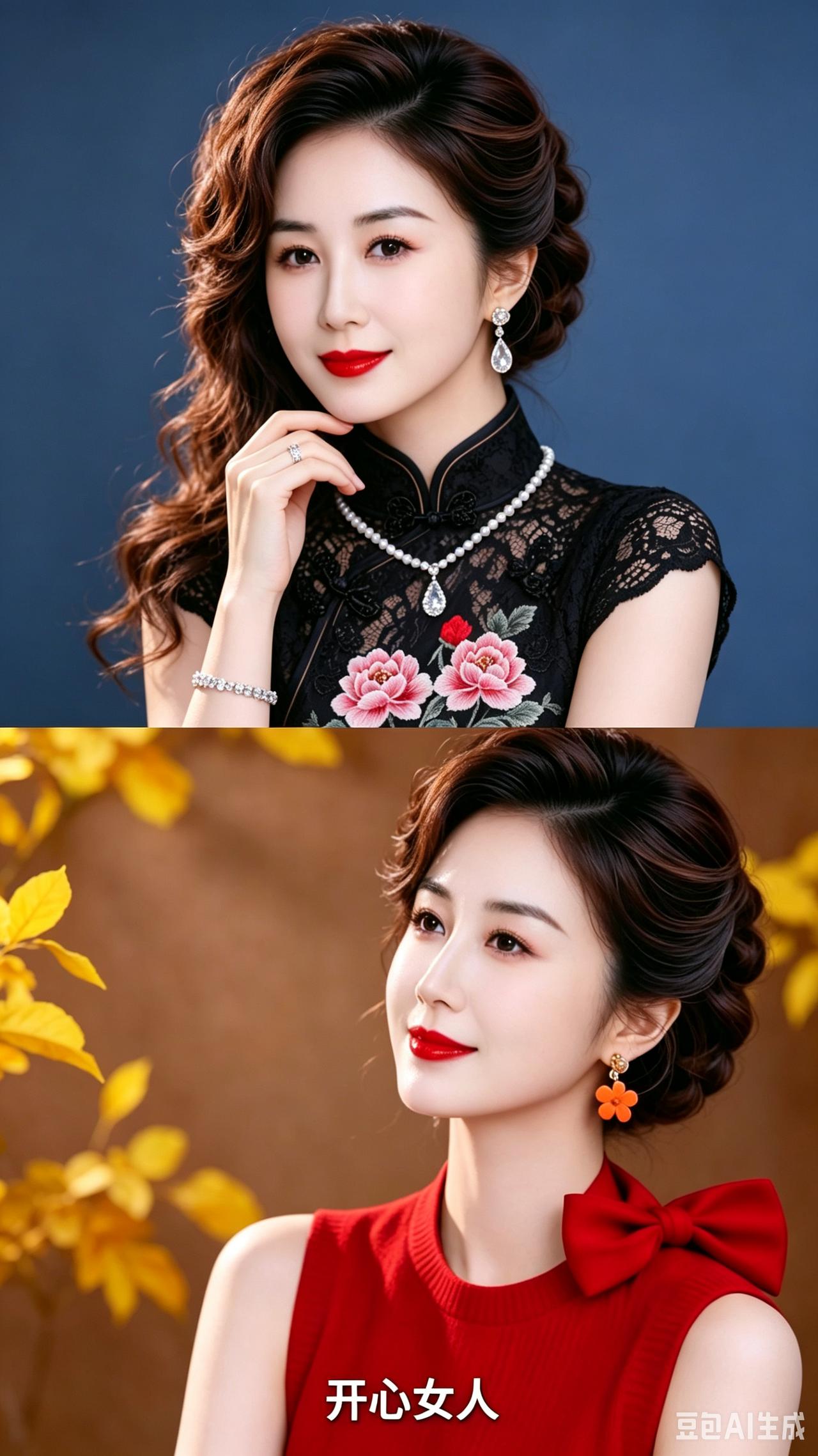 1.上面身着黑色旗袍的这位女士，自带成熟温婉的韵味。一头卷发搭配精致钻饰，红唇