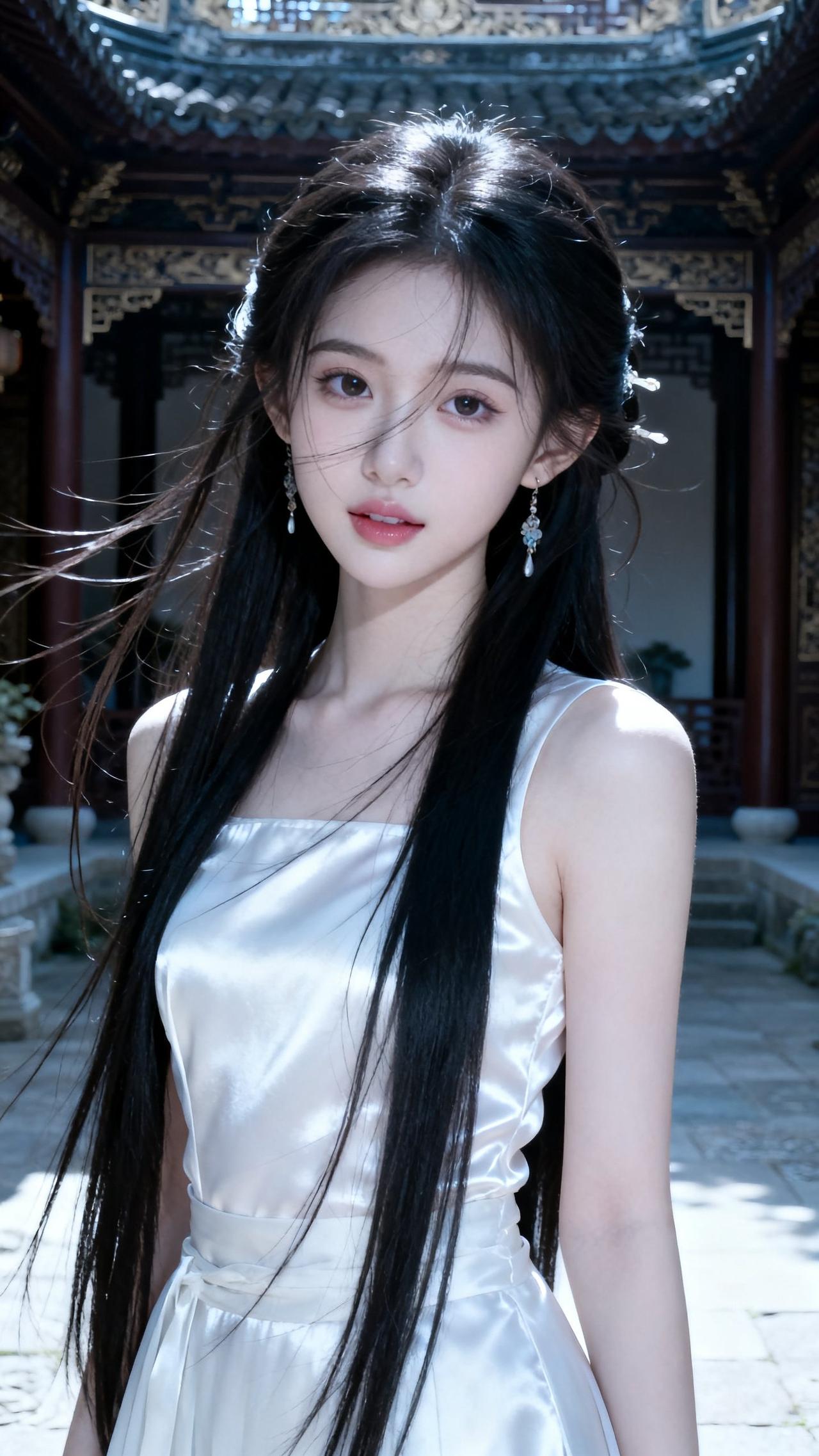 古风少女，长黑发，白裙飘飘，置身古典庭院，宛如画中人。湖边白裙少女高颜值古风女