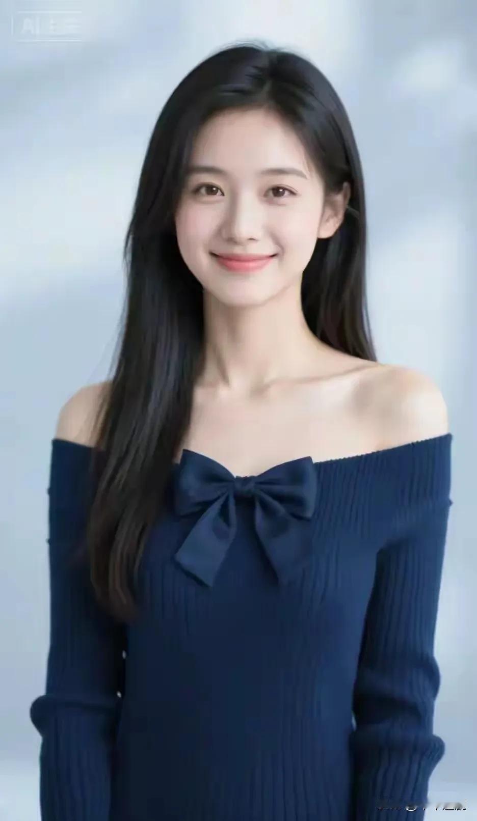 藏青针织裹着软意，蝴蝶结坠在肩颈边。长发垂落时，连笑意都浸了点清浅的甜。