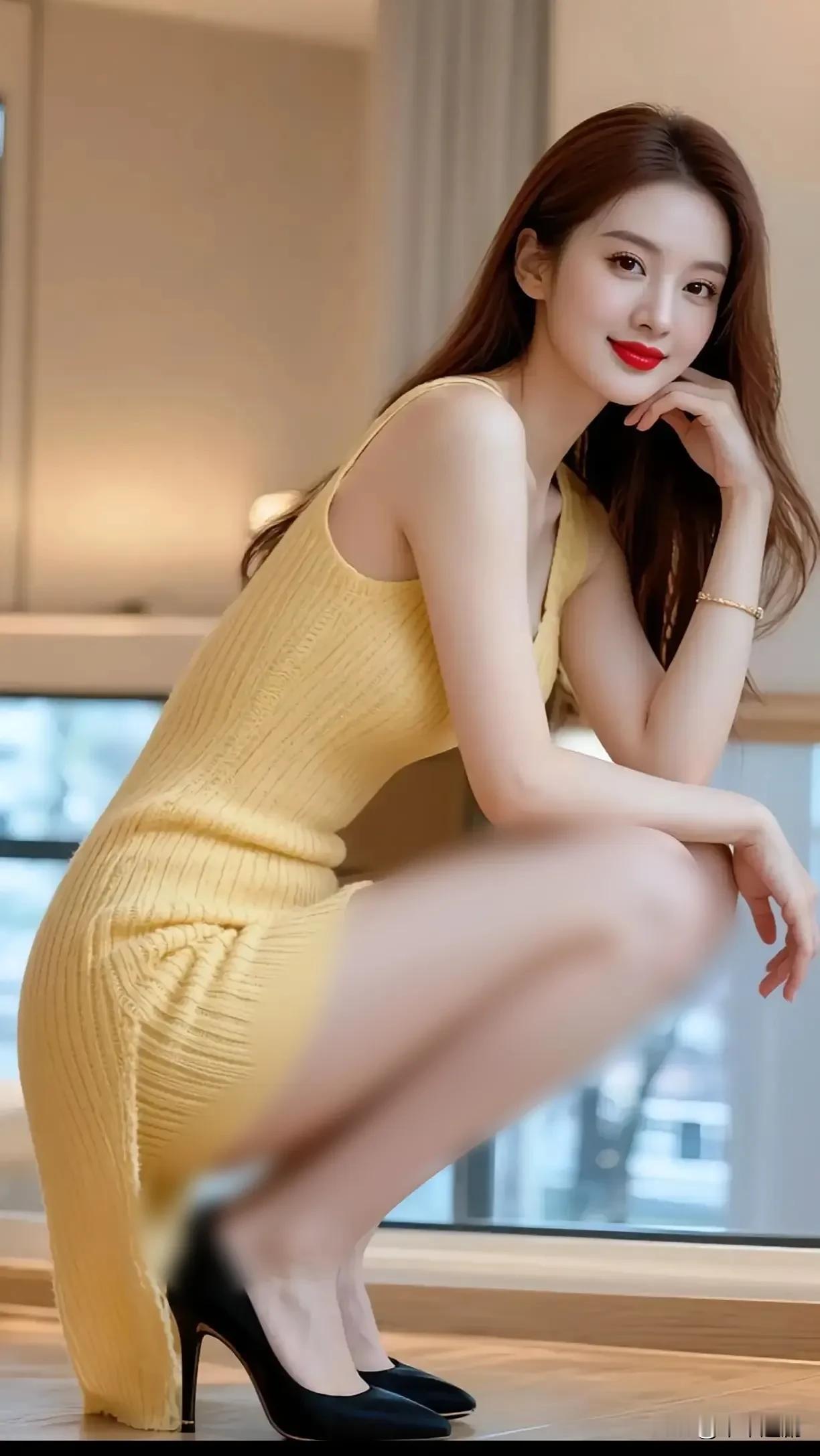 鹅黄裁作裙，红唇晕染春，慵懒皆是风情淡黄裙自拍淡黄色裙装