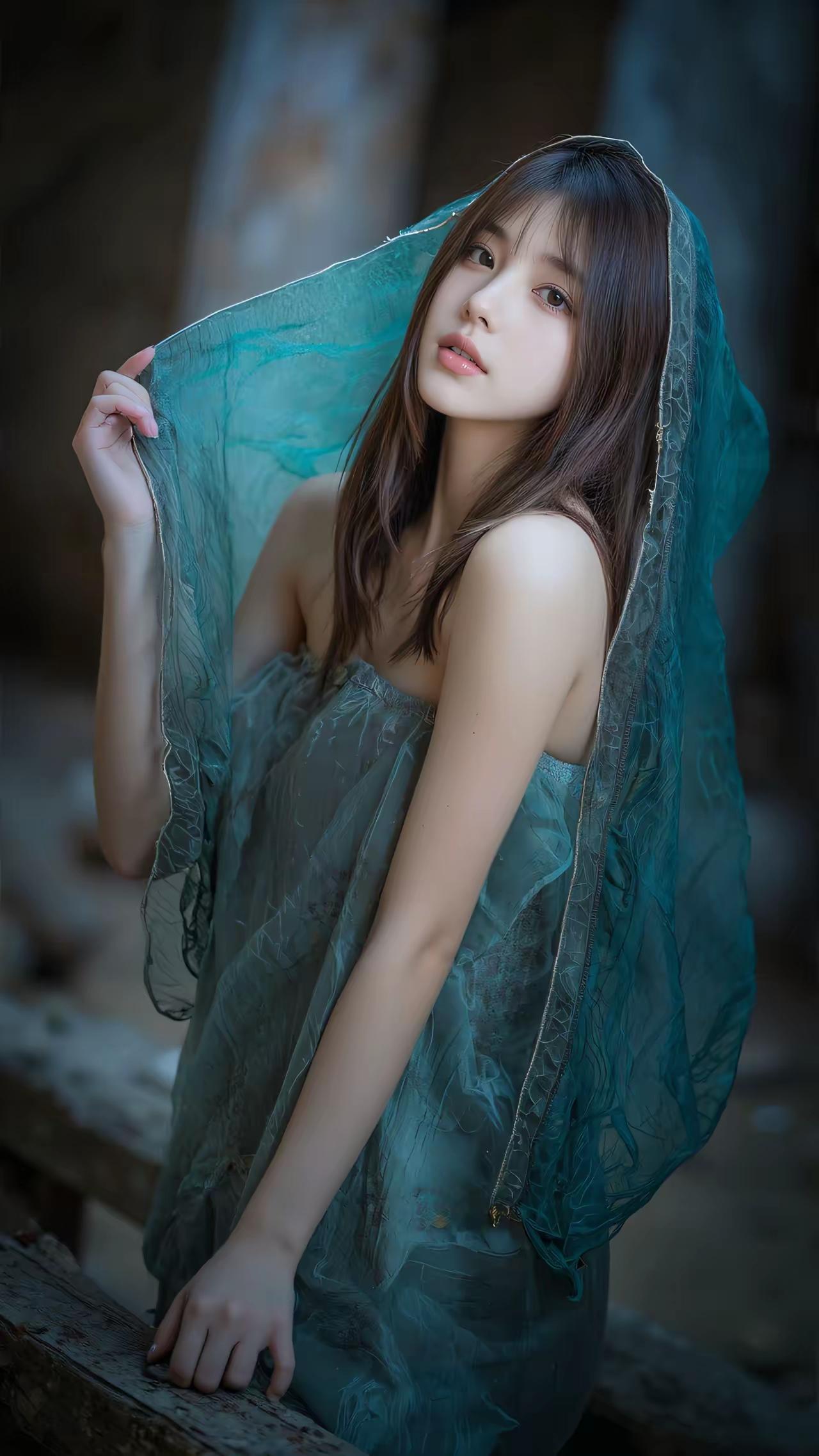 AI美女～石穴藏幽，光影轻漫。外界的喧嚣被隔绝在岩壁之外，只剩这一方天地的静谧，