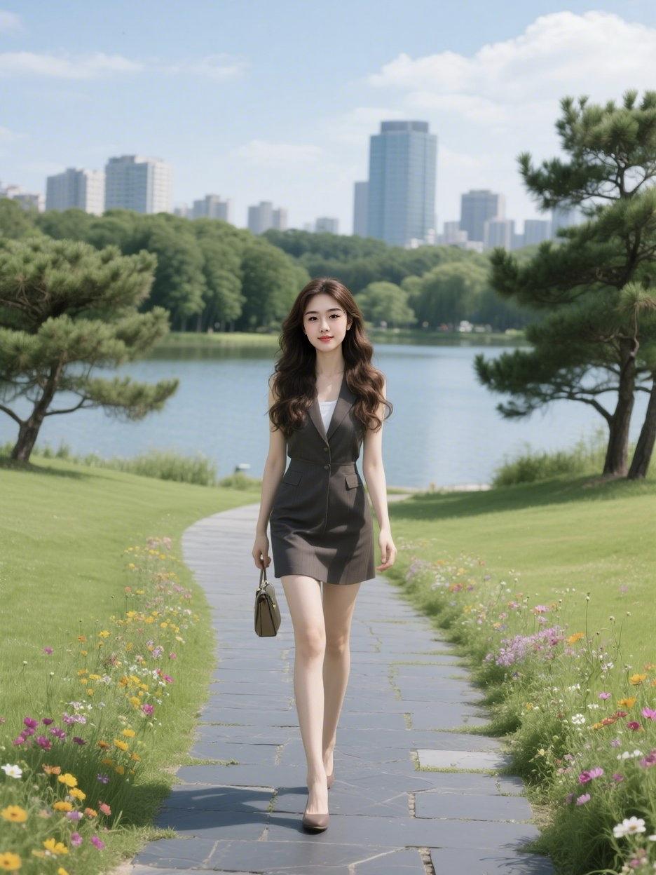 《湖畔行》青石板路漫过花田，松枝斜倚，挽住云边。湖水如镜，映着楼群的轮