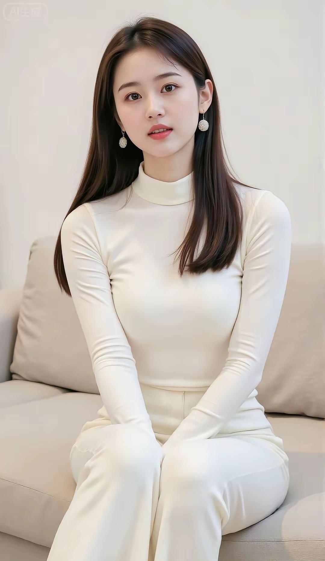 优雅白衣少女，静坐沙发，简约时尚。