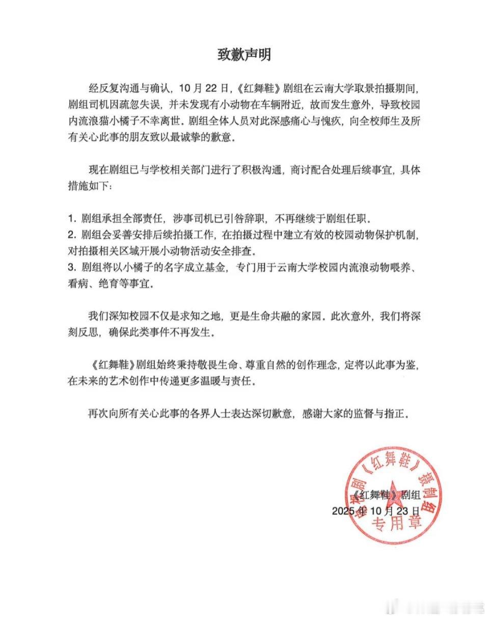《红舞鞋》剧组官微凌晨发布致歉声明：经反复沟通与确认，10月22日，《红舞鞋》剧
