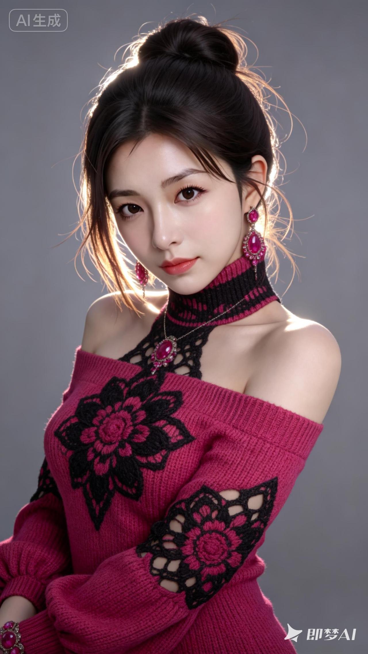 一位美女优雅，发丝柔顺有光泽，黑棕色高盘发，微乱，发丝边缘有光，有碎发，眼神妩媚