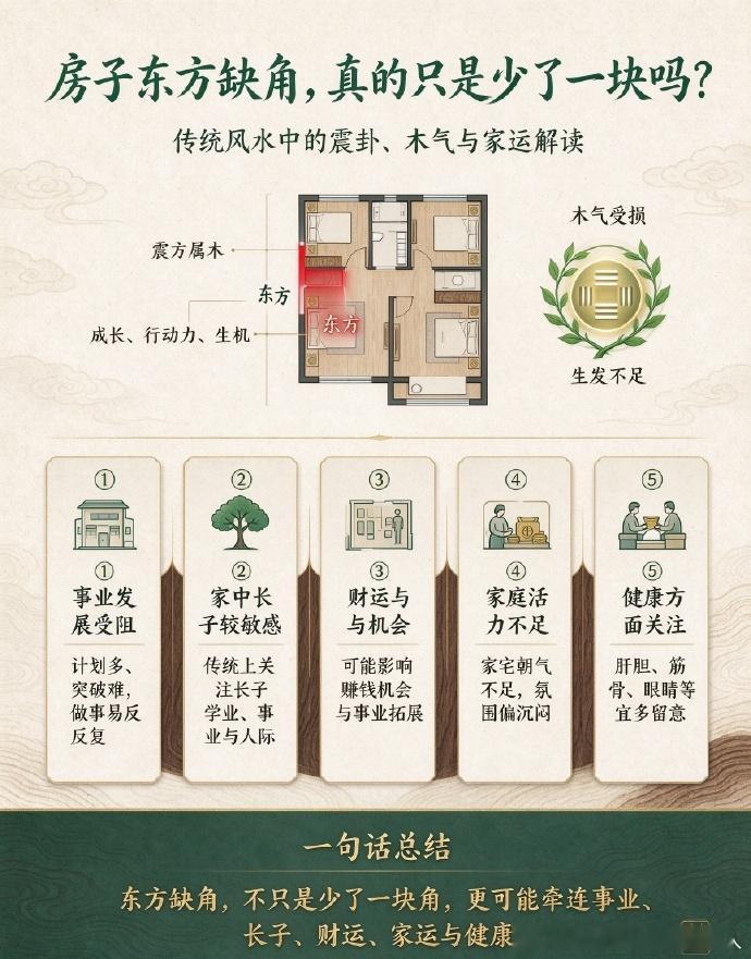 房子东方缺角，真的只是少了一块吗？在传统风水学中，东方属木，对应震卦，象征成长、