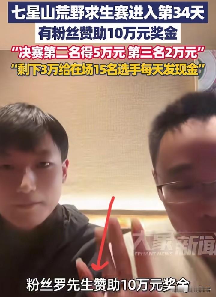 剩15人了，荒野求生比赛已经进行第34天，有粉丝出手赞助10万，第二名第三名分