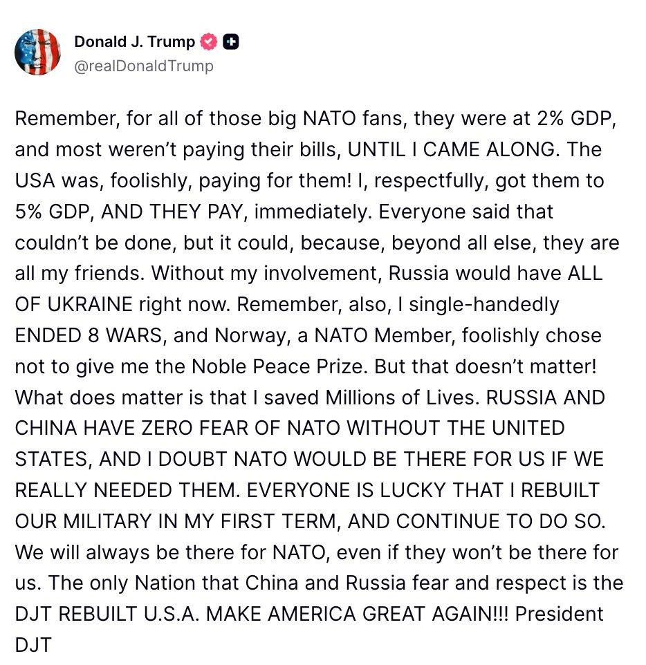 🚨🇺🇸特朗普猛烈抨击北约：“我让北约掏钱，阻止了普京，结束了战争……却没