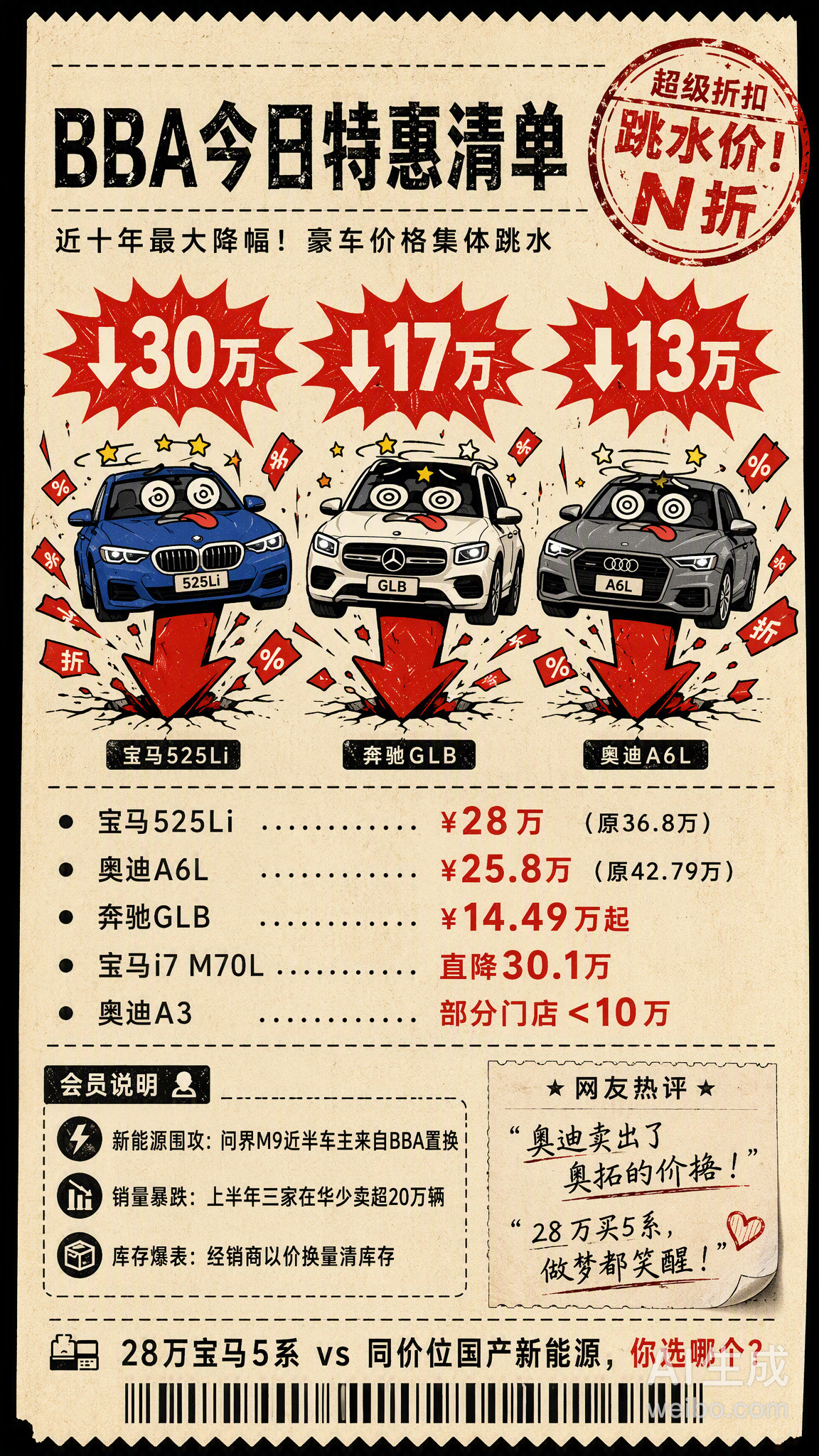 宝马5系跌到28万，奥迪A6L裸车25.8万，奔驰E级优惠超20万……...