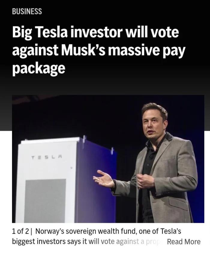 据美媒报道称，挪威主权财富基金——特斯拉的最大投资者之一——周二表示，它将投票反