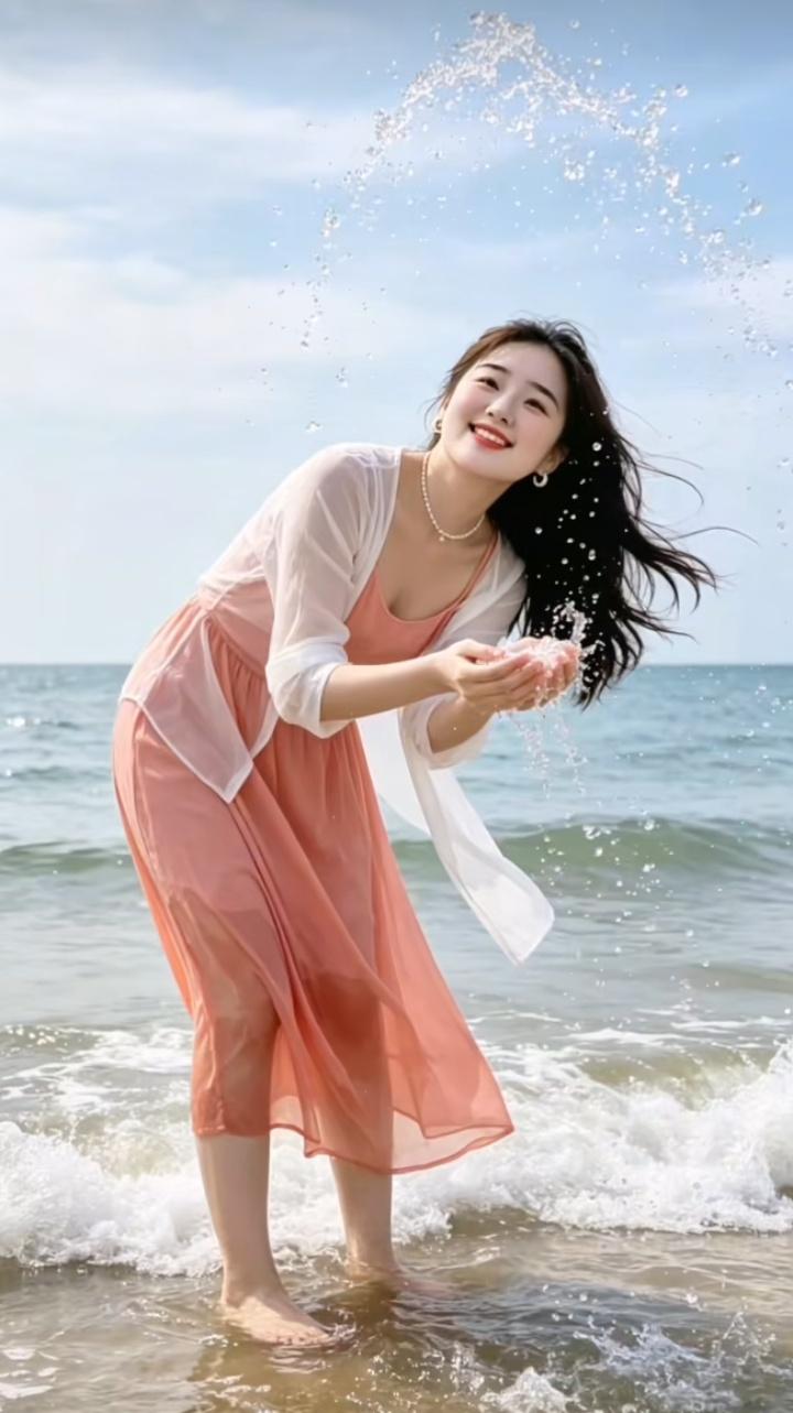 海边少女，轻盈裙摆，海浪轻拂，笑靥如花。女人这辈子可以靠谁？海边元气少女海边