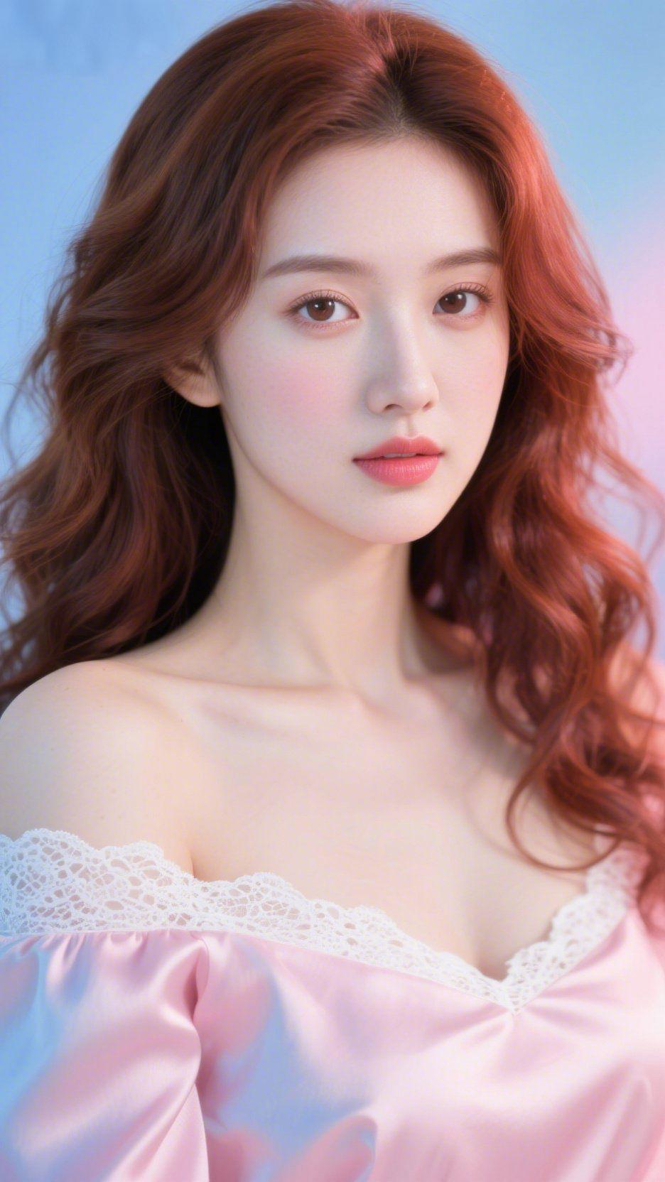 绯发静淡蓝粉晕的背景里，她发梢的绯色像揉了晚霞的温软。衣间的蕾丝轻垂，衬着