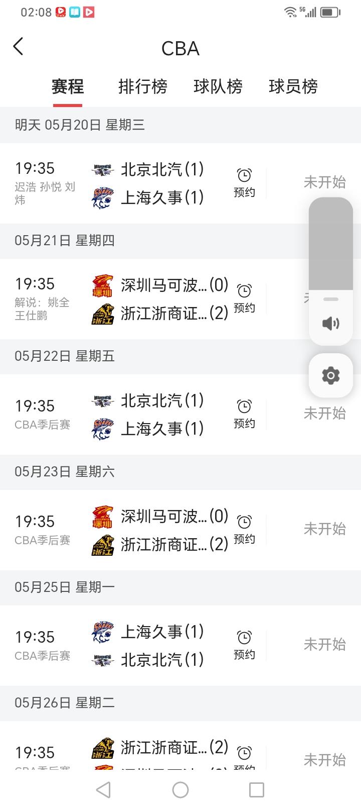 今天是5月19日，星期二，没有CBA半决赛。目前，CBA上半