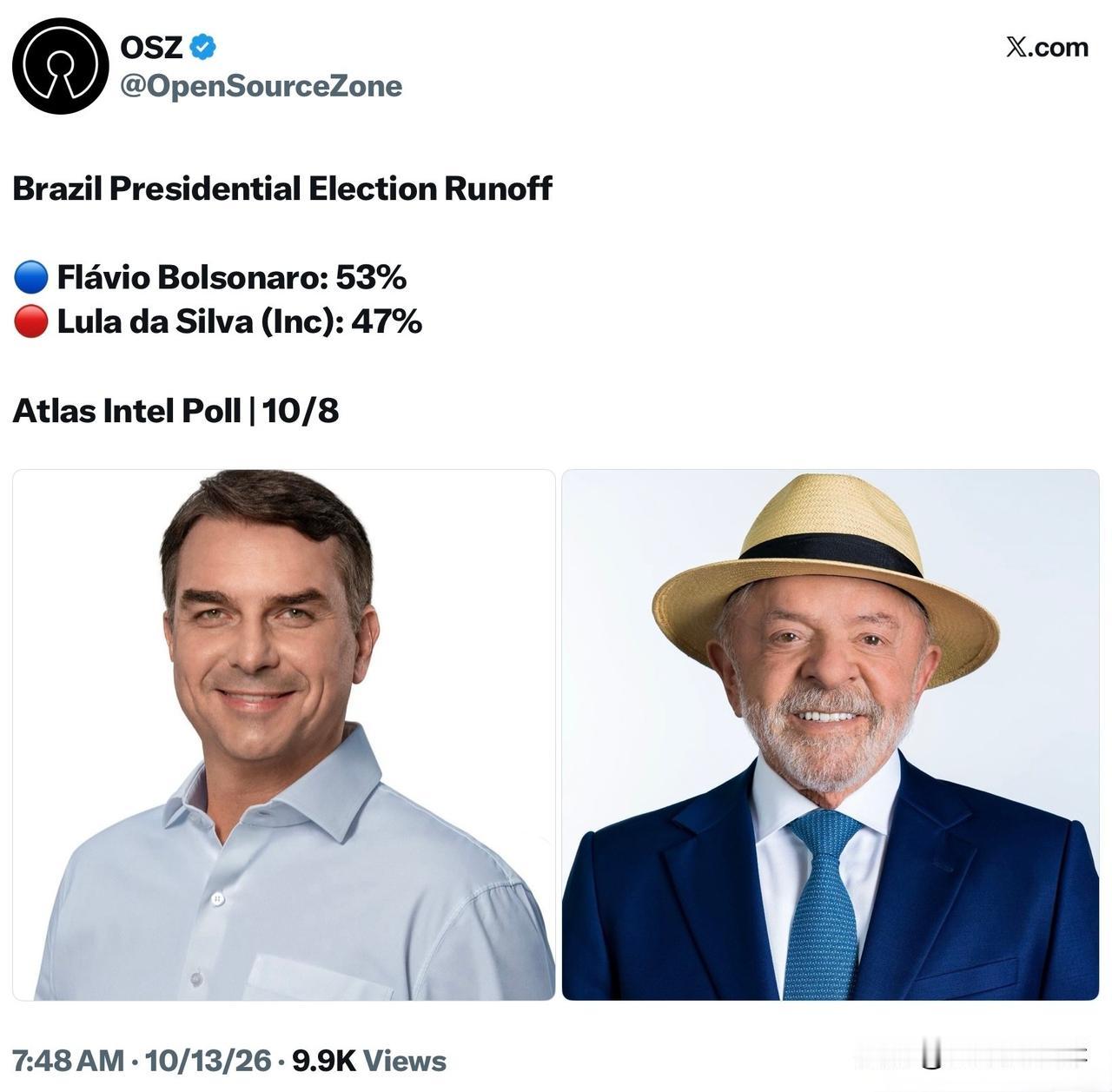 巴西总统大选第二轮投票民调FlávioBolsonaro：53%Lula