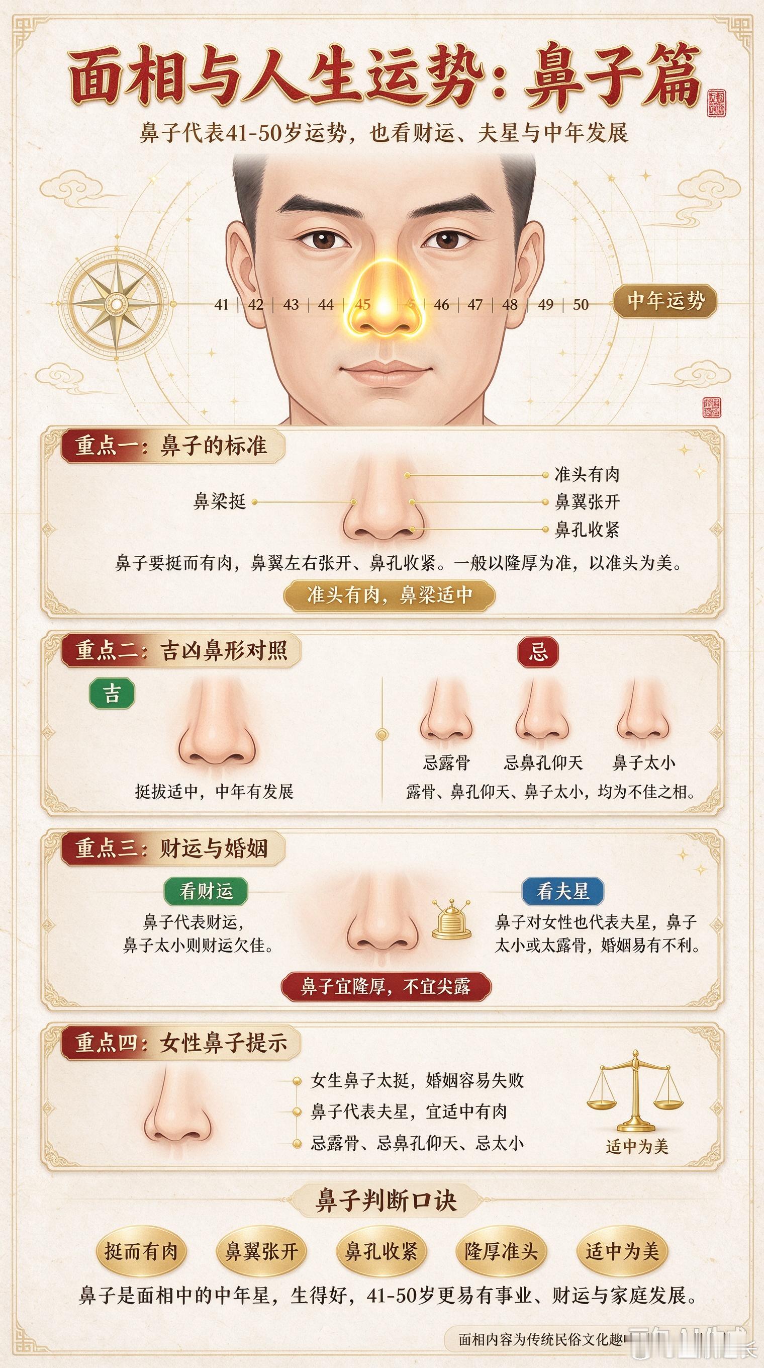 面相与人生运势：鼻子篇鼻子代表41-50岁的运势。鼻子要挺而有肉，鼻翼左右张开、鼻孔收紧。不过，女生
