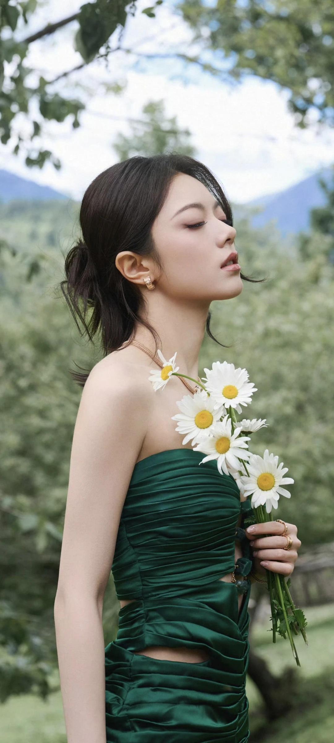 赵今麦写真～抹胸礼裙裹着清润的光泽，像从林间裁了片绿意缝进去，站在那里，就像刚从