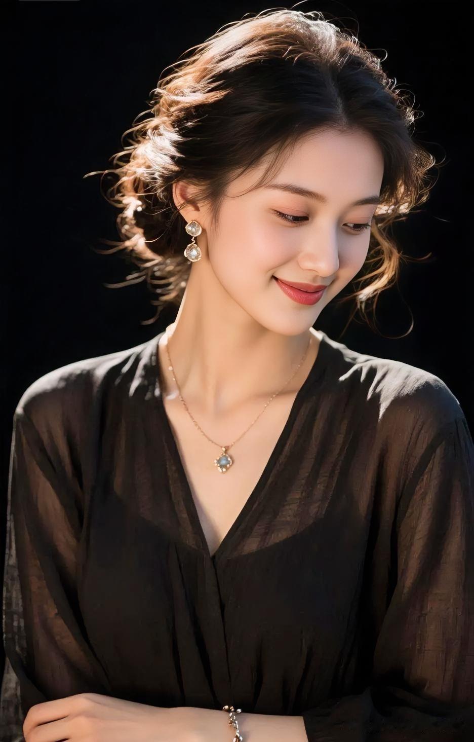 暗夜流光，轻纱笼玉。她低眉浅笑，眸中盛星，耳畔珠明，颈间辉映，宛若月光凝成的诗行