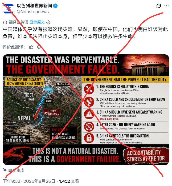 以色列网络媒体造谣！以色列媒体用AI制作图片，声称尼泊尔境内的雪山冰川崩塌是发生在中国上游的湖泊溃决