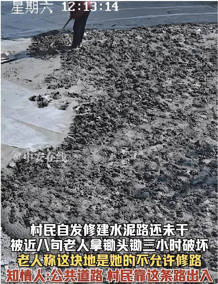 12月6日，湖南邵阳，村里集资硬化路面，水泥路刚平整好，老太太就拿锄头破坏，村民
