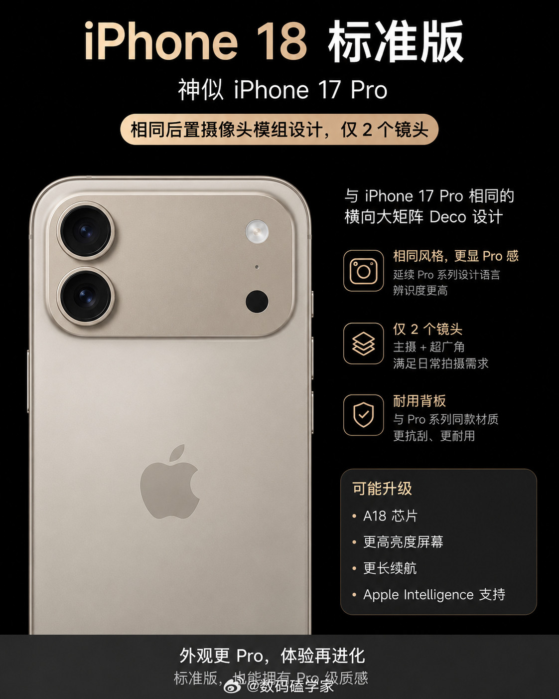 iPhone18标准版神似17Pro这要是真的，那iPhone18标准版用户算是