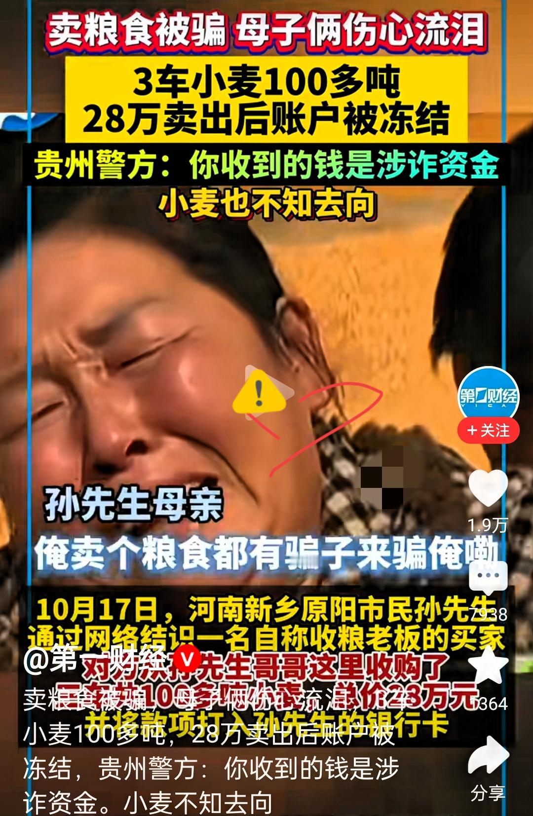 卖粮收28万反被冻卡?“怎么卖个粮食都有骗子来骗啊!”河南那对母子的哭诉太戳