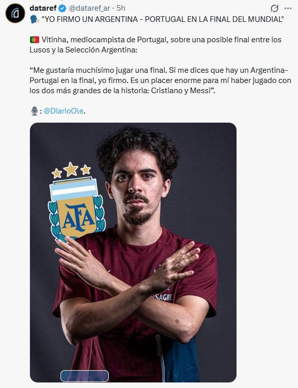 🌍🇦🇷🇵🇹维蒂尼亚，葡萄牙中场，谈及阿根廷队与葡萄牙队可能在决赛